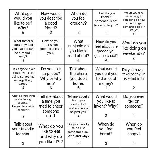 The Ungame Bingo Card