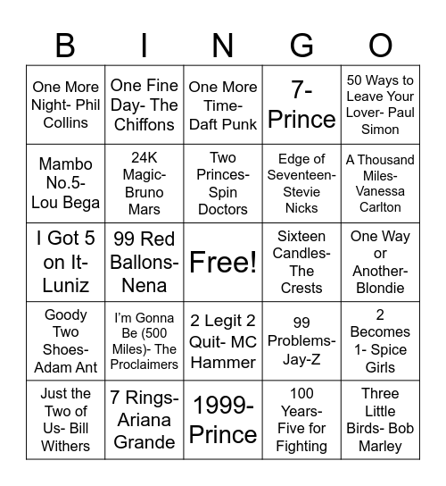 Count on These Hits Bingo Card
