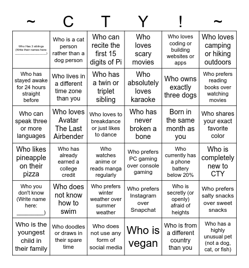 "Find Someone" Bingo Card