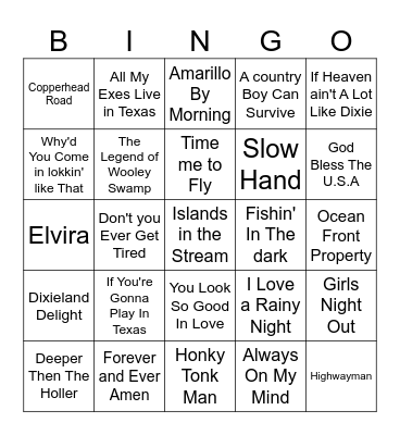 Country 80's Bingo Card