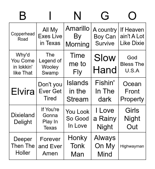 Country 80's Bingo Card