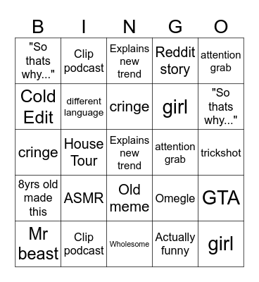 Youtube Shorts Bingo Card