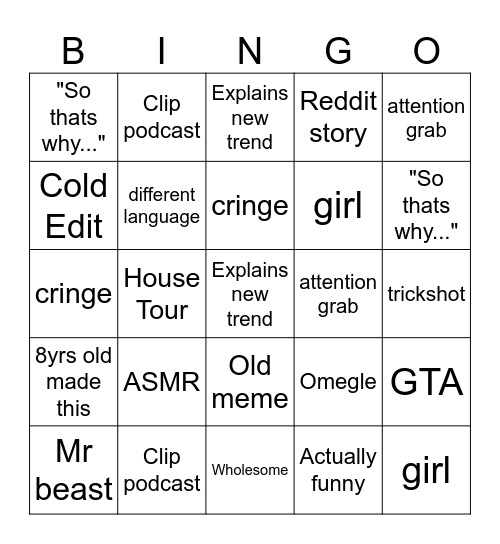 Youtube Shorts Bingo Card