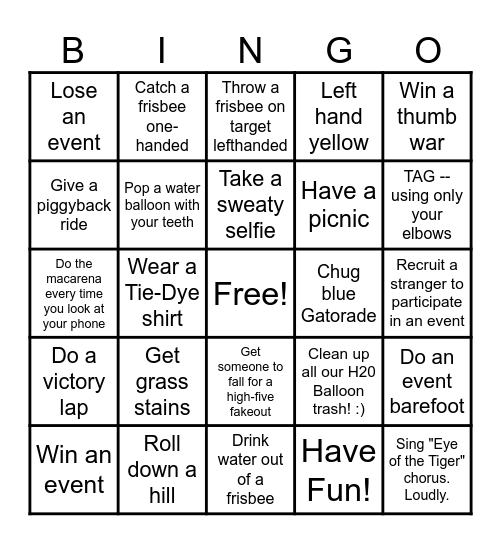 Birthday-Field Day! Bingo Card