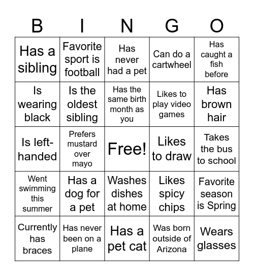Middle School Human Bingo Card