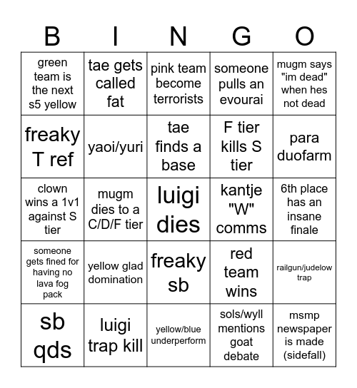 moneysmp s6 Bingo Card