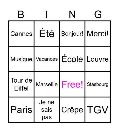 Französisch Bingo Card