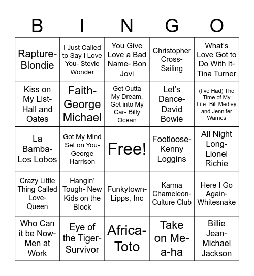 Billboard Hot 100 #1 Singles of the 80’s Bingo Card