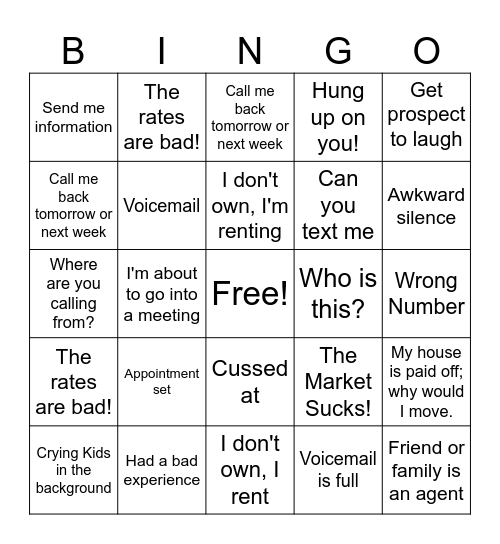 REALTOR Call Night Bingo Card