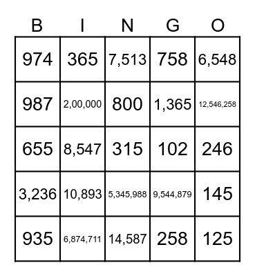 Los Numeros 1,000 - 1,000,000 Bingo Card