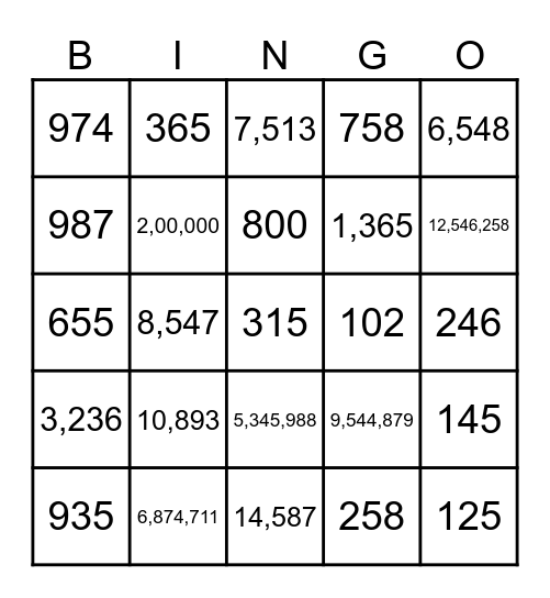 Los Numeros 1,000 - 1,000,000 Bingo Card