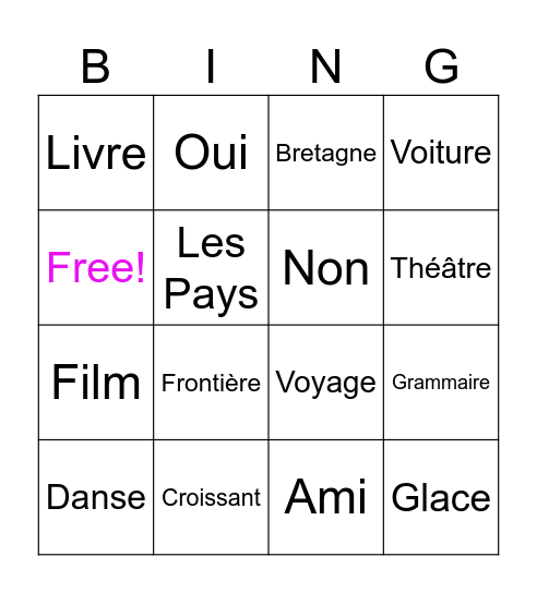Französisch Bingo Card