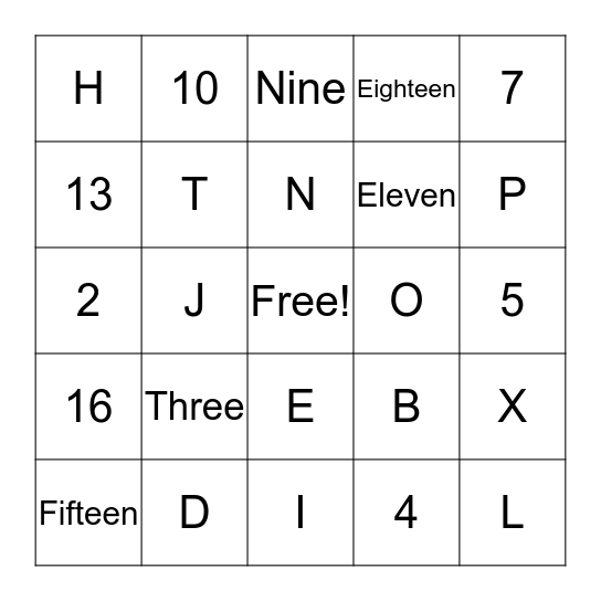 Numbers and Alphabet Bingo Card