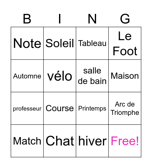 Französisch Bingo Card