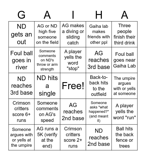 Gaiha Lab Softball Bingo Rd 2 :) Bingo Card