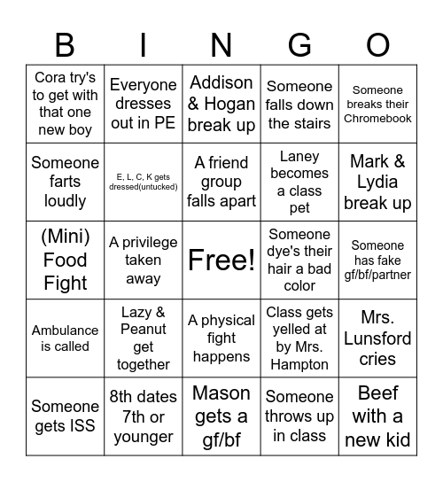 7th Grade Bingo Card Bingo Card