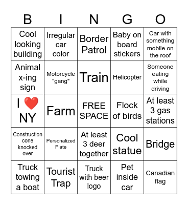 Road Trip Bingo Card