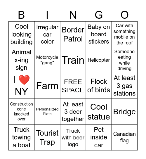 Road Trip Bingo Card