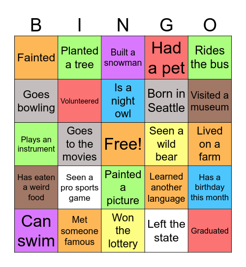 Shared experiences Bingo Card