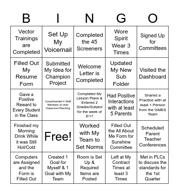 Welcome Back Bingo Card
