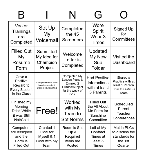 Welcome Back Bingo Card