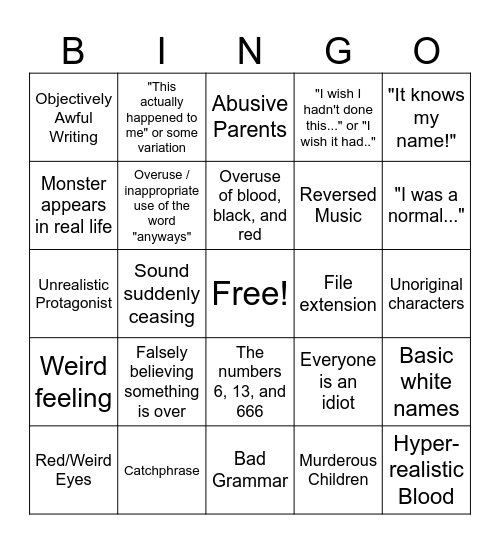 Bad Creepypasta Bingo Card