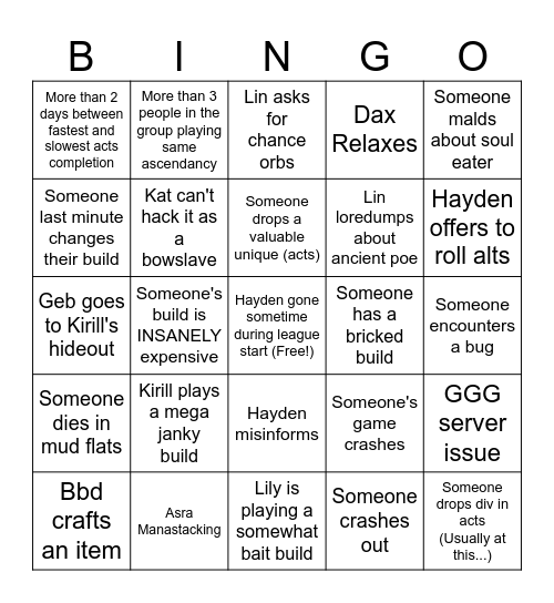 POE group bingo Card