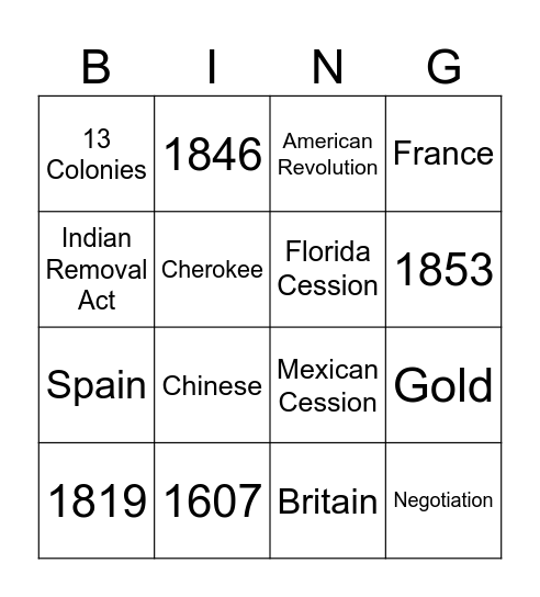 Westward Expansion Bingo Card