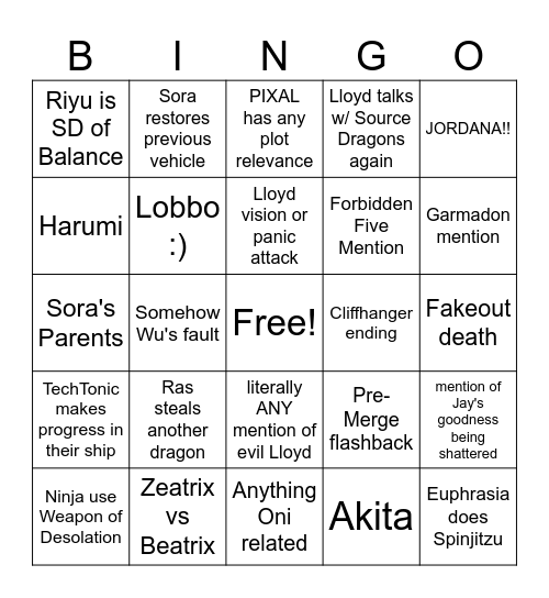 Ninjago Dragons Rising S4P2 Bingo Card