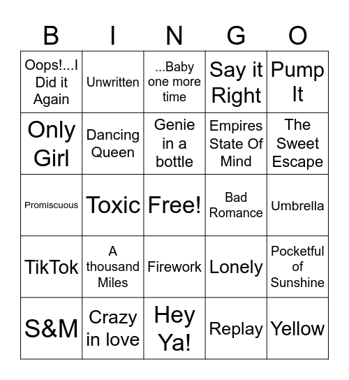 Early 200's Pop! Bingo Card