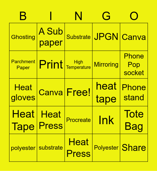 Sublimation Bingo Card
