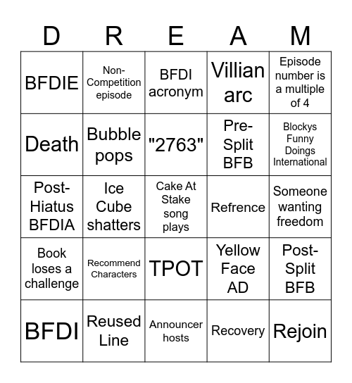 Bingo for dream Island Bingo Card