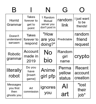 Discord scammer bingo Card