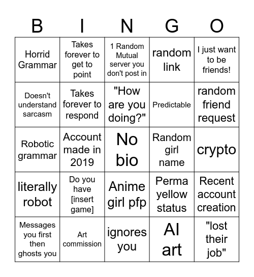 Discord scammer bingo Card