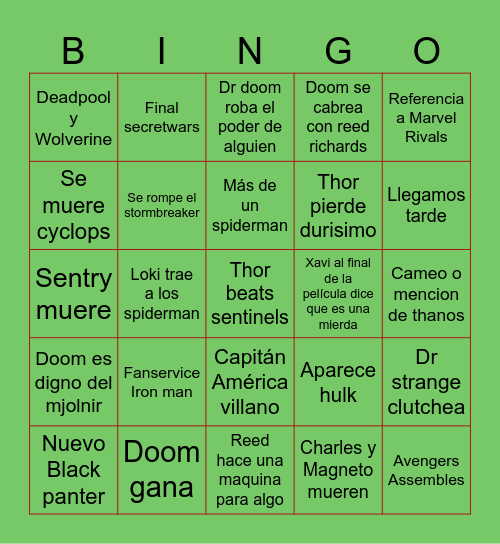 AVENGERS DOOMSDAY Bingo Card
