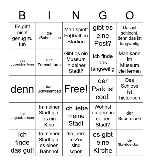 Was gibt es in deiner Stadt? Bingo Card
