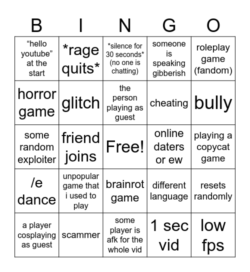 roblox video Bingo Card