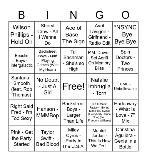 90's Pop 1 Bingo Card
