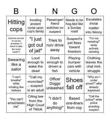 Body Cam Bingo Card
