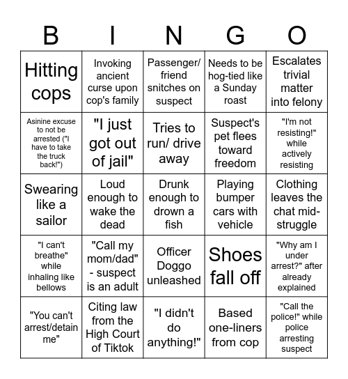 Body Cam Bingo Card