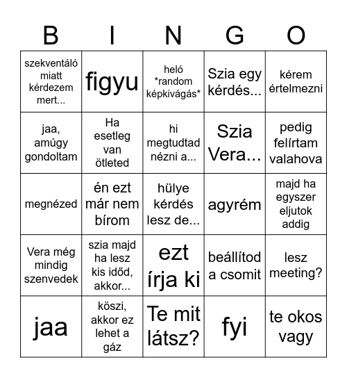 Fohászok Verához Bingo Card
