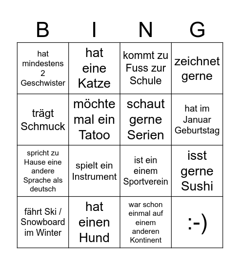Wer in unserer Klasse ... Bingo Card