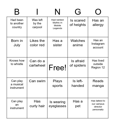 Get To Know Your Classmates! Bingo Card
