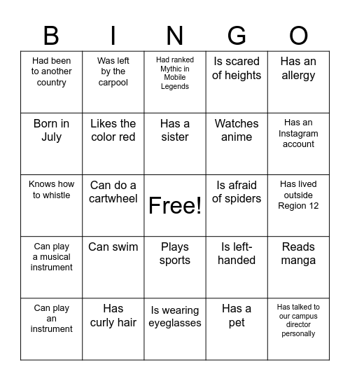 Get To Know Your Classmates! Bingo Card