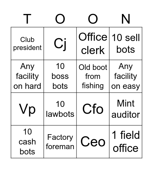 Toontown bingo (hard) Bingo Card