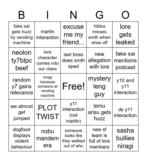 Lore bingo 2026-2027 Bingo Card