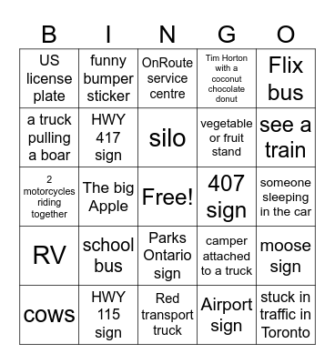 Ontario Road Trip Bingo Card