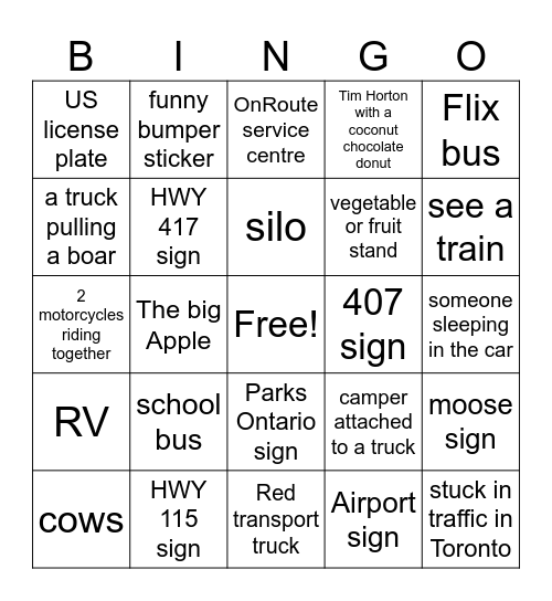 Ontario Road Trip Bingo Card