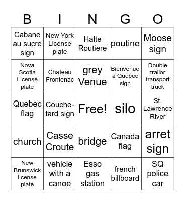 Quebec Road Trip Bingo Card