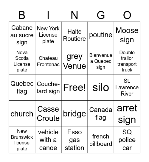 Quebec Road Trip Bingo Card
